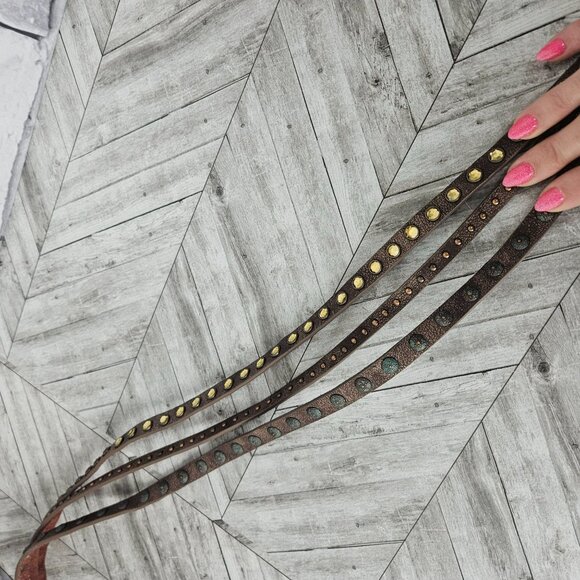 Studded 3 Strand Brown Leather Belt Womens M Country Western Rodeo Bling - Picture 6 of 11